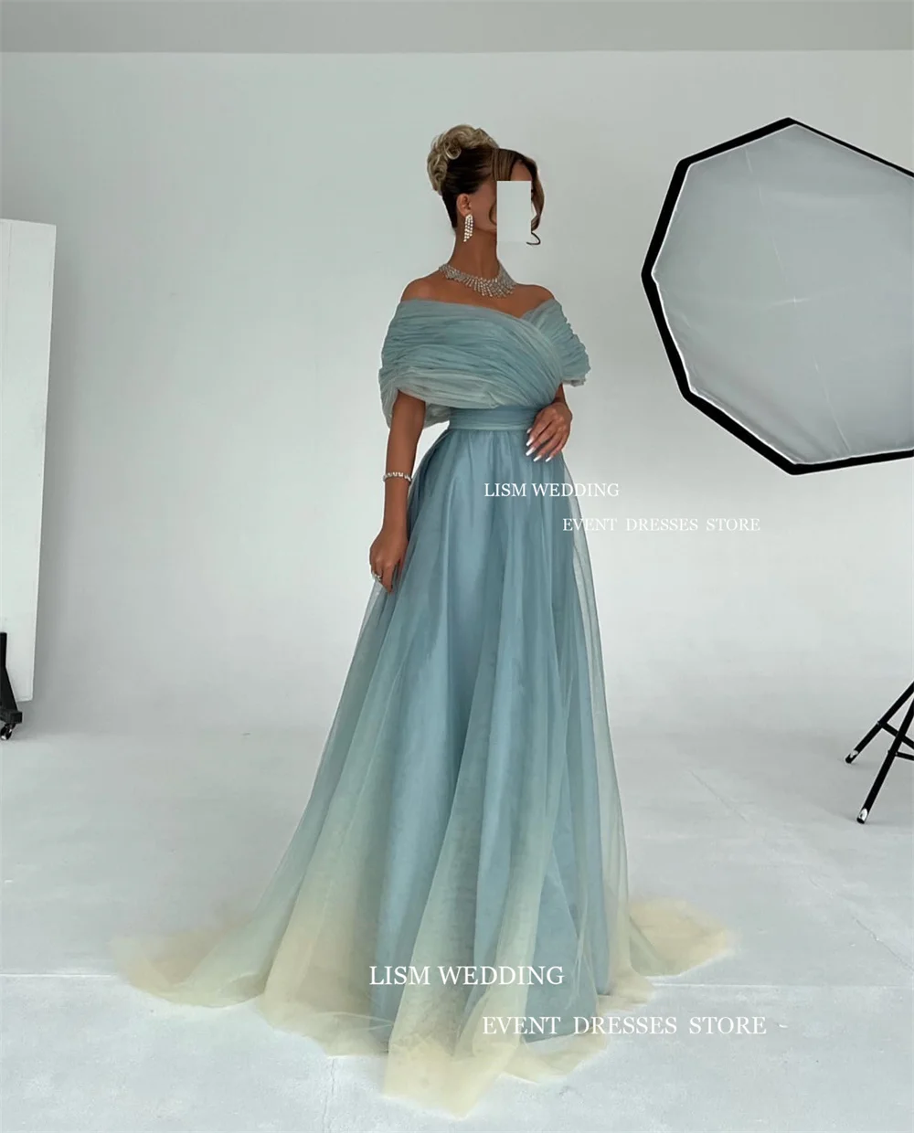 LISM Simple Tulle Prom Dresses Off The Shoulder A-Line Evening Dress Gradient Colour Floor Length For Saudi Arabic Women Custom