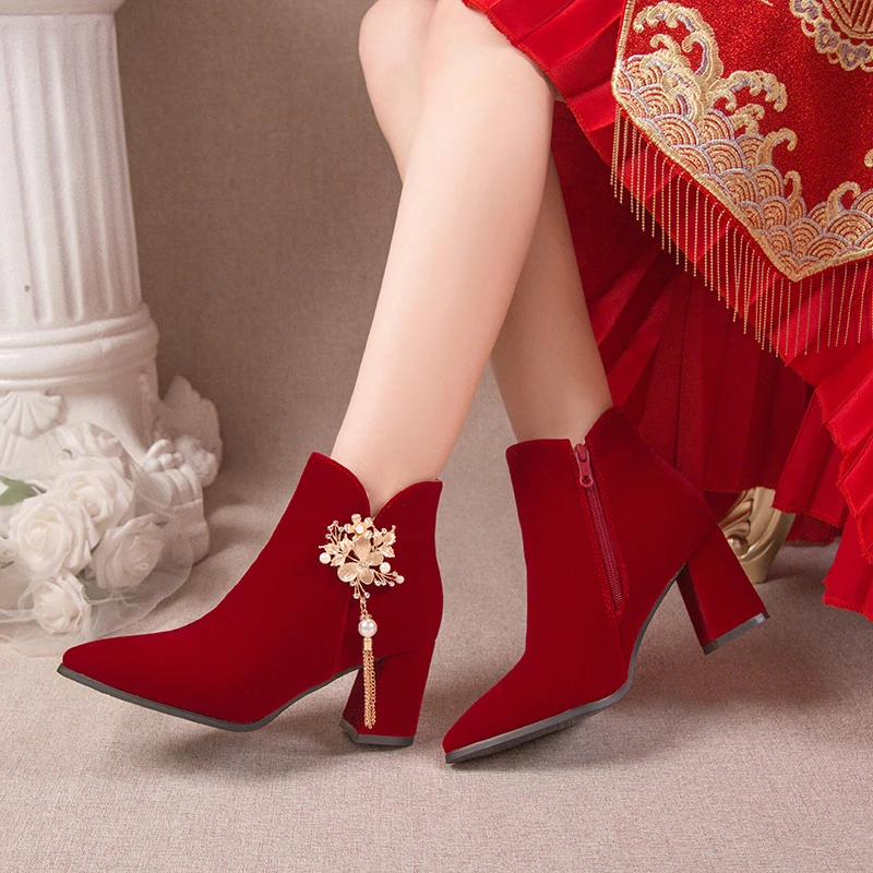 Red Wedding Bridal Shoes 2024 Winter Women\'s Boots Stylish Pointed Toe High Heel Ankle Boots Female Elegant Dress Banquet Shoes