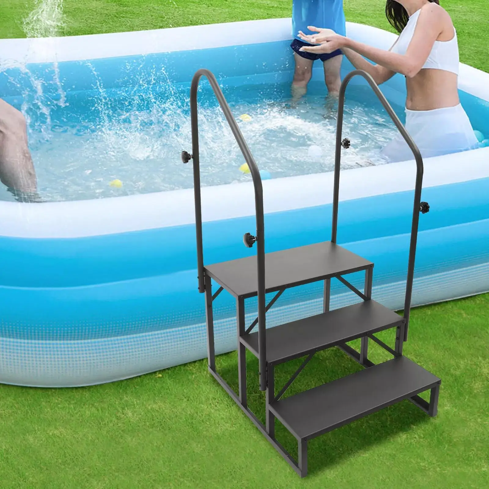 سلالم RV ذات 3 خطوات مع هاندريل - فولاذ عالي التحمل لحوض الاستحمام الساخن والمقطورة |   مقاوم للانزلاق ومحمول مع عجلات