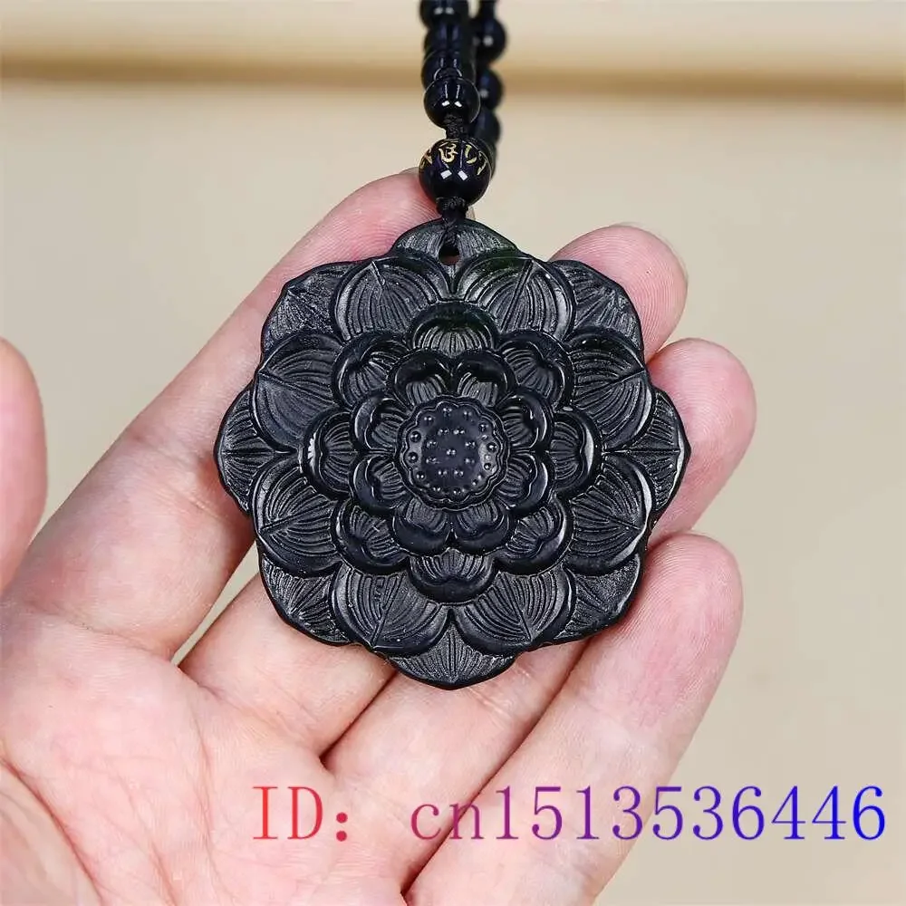 Black Green Jade Lotus Pendant Necklace Charms Fashion Talismans Natural Jewelry Amulets Carved Pendants Vintage Man Necklaces