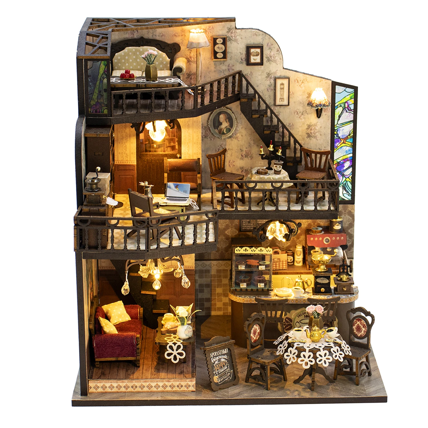 

DIY Wooden Miniature Model Kits Fortunate Encounter Cafe 3D Puzzle Dollhouse With Furniture Lights for Friends Birthday Gifts