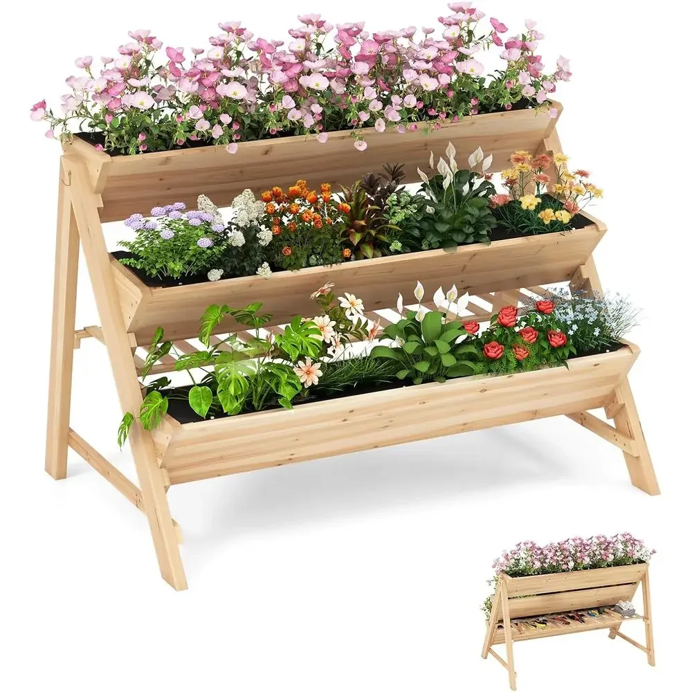 All-Weather 3-Tier Wooden Planter Box with Storage, Hanging Hooks, and Bed Liners for Patio Lawn