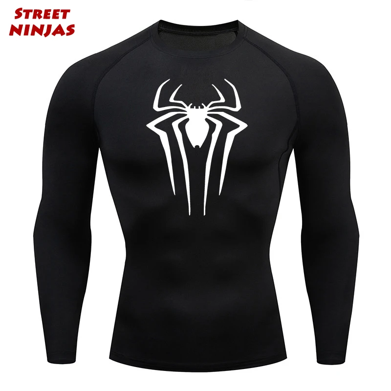 Spider Print Compression Shirts for Men Gym Workout Long Sleeve Rash Guard Athletic Quick Dry Baselayers Undershirts Tight Fit