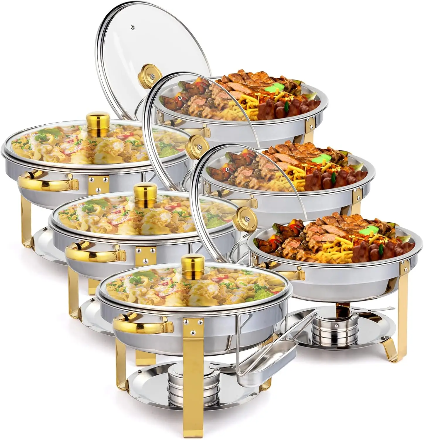 

ROVSUN 5QT 6 Packs Chafing Dish Buffet Set Gold Accent, Round NSF Stainless Steel Buffet Warmer Chafers and Buffet Warmers