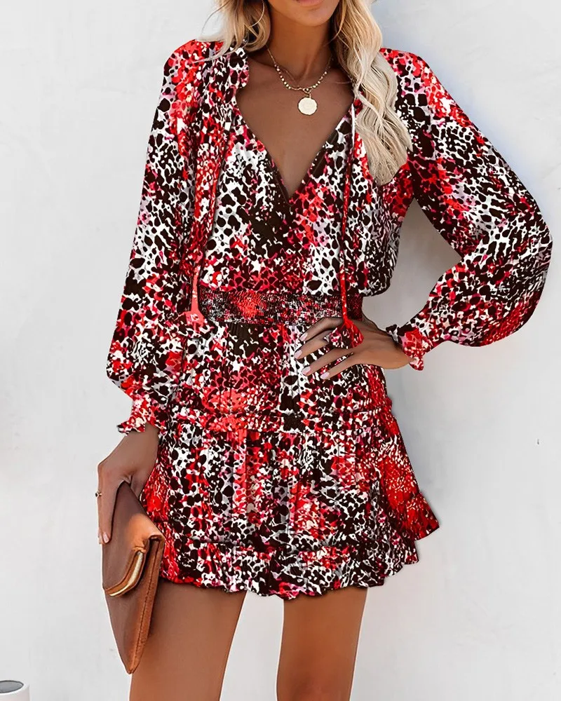 Women\'s Long Sleeve Mini Dress V-neck Drawstring Fashion Leopard Printed Waist Tied Dress Elegant Office Lady Dresses For Women