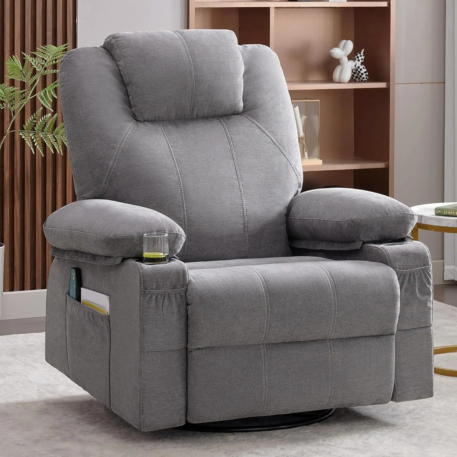 Swivel Rocker Recliner Chair with Heat and Massage, 360 Degree Swivel Rocking Single Sofa with Cup Holders