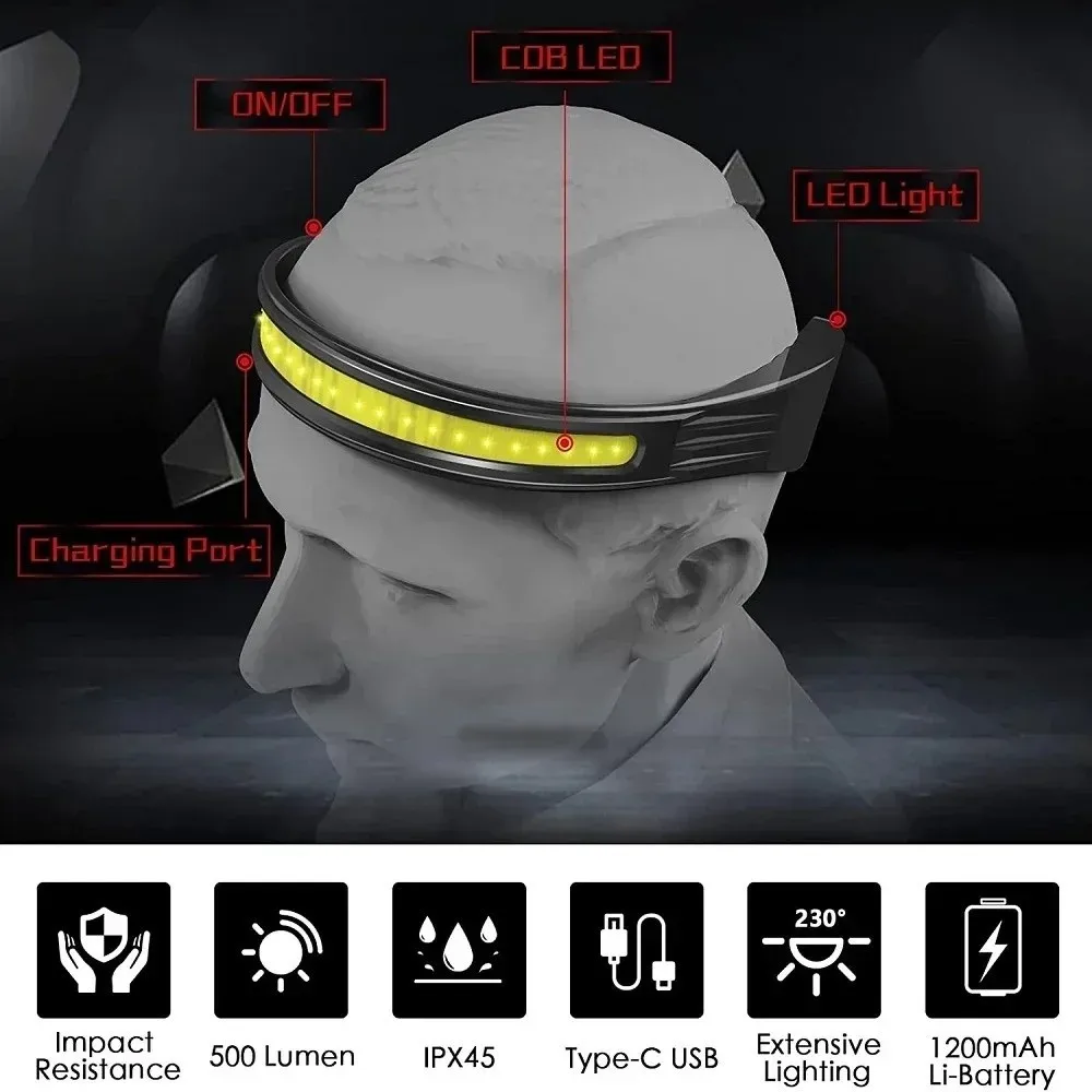 Portable Induction COB Headlight USB Rechargeable 3 Lighting Modes Head Torch Red Tail Light Waterproof LED Headlamp