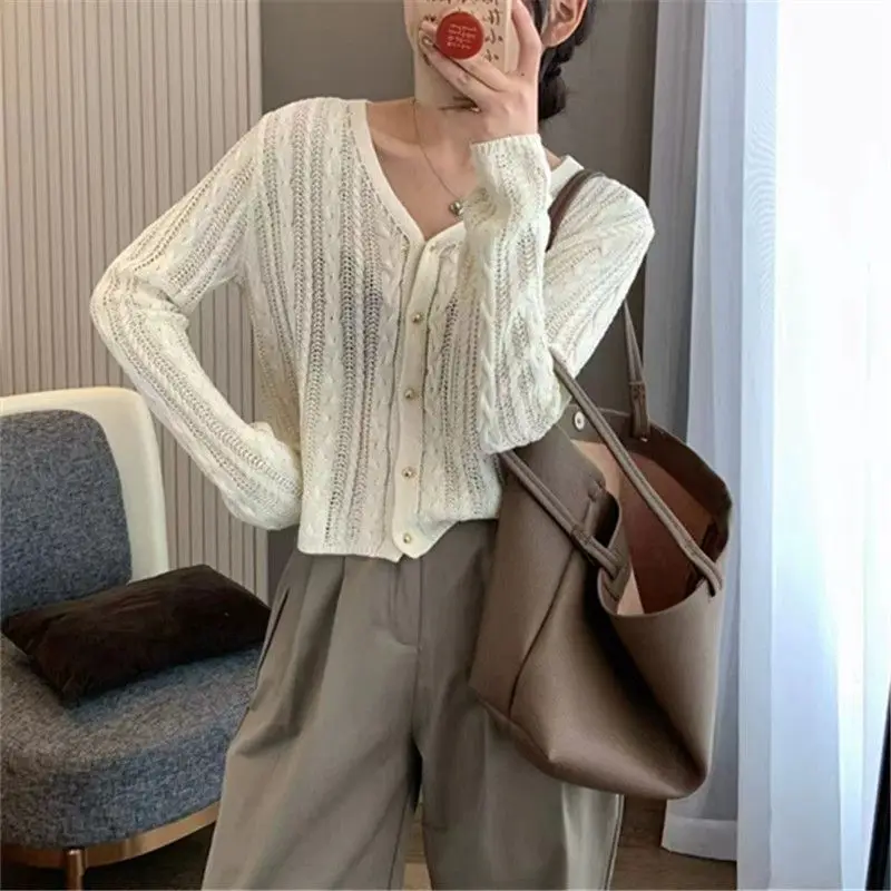 ربيع جديد محبوك ort Svel V-Ne المرأة سترة رقيقة طويلة Sve حماية الشمس أعلى لون نقي سترة Sle