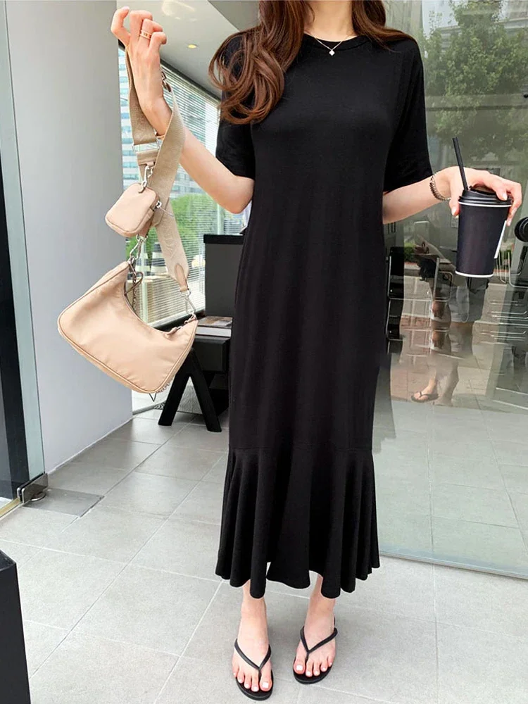 

2024 Summer New Korea Solid Woman Dress Vestidos Robe Elbise Loose Plus Size Short Sleeve Ruffles Long Dresses