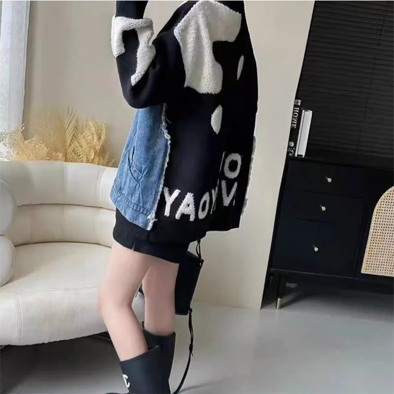 الربيع والخريف جديد الفرنسية المتخصصة تصميم الخامس الرقبة سترة فضفاضة موضة تنوعا الدنيم الربط محبوك سترة سترة للنساء #6