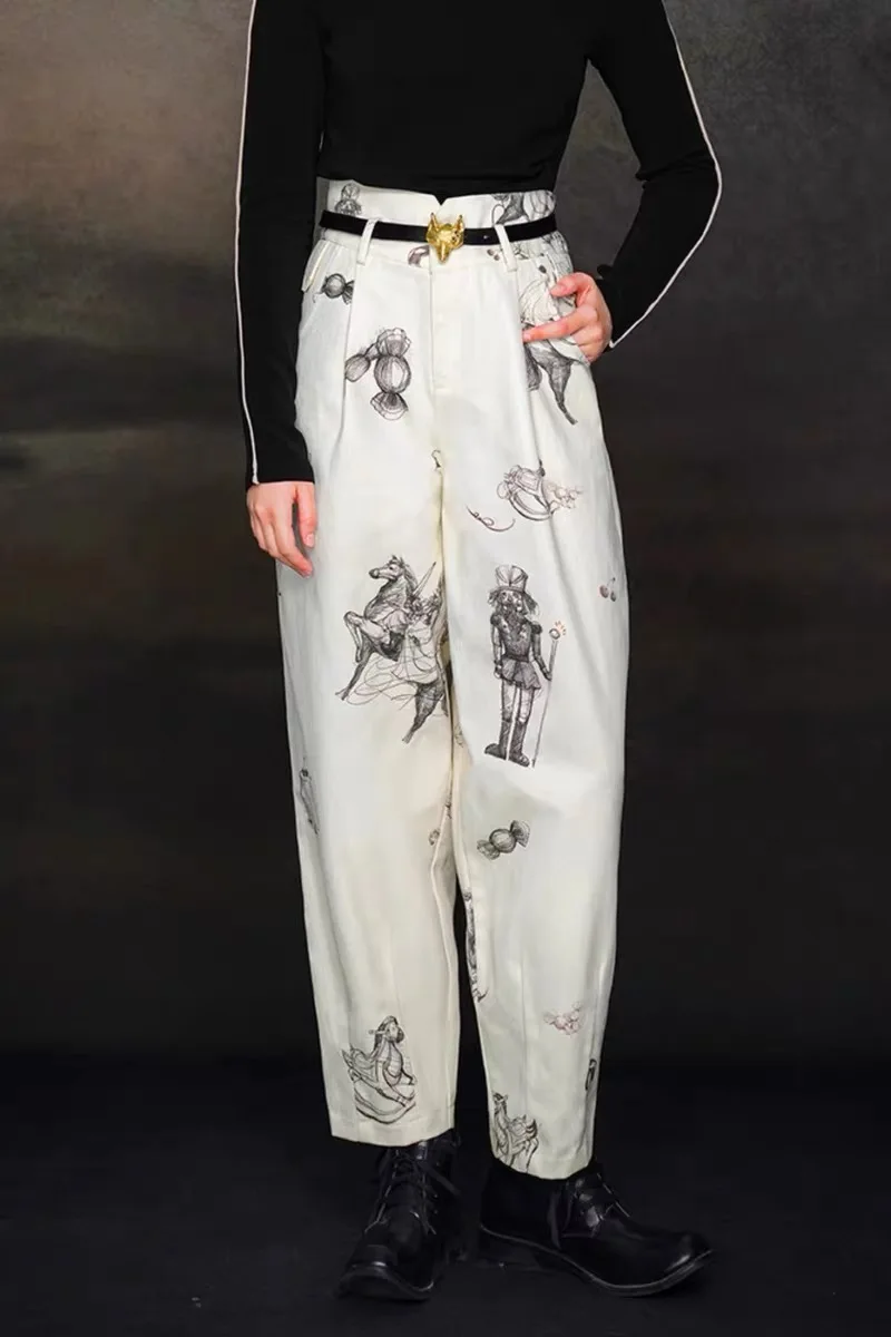 

65-73cm Waist Spring Autumn Original Design Women Vintage Style The Merry-go-round Print Cotton Pants/Trousers