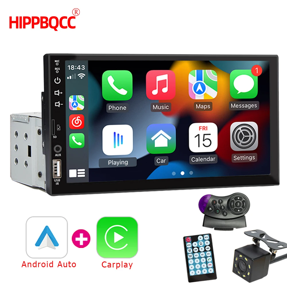 BQCC 7 Inch Car Radio 1 Din Carplay Android Auto Multimedia Player HD Touch Screen FM AUX Input Bluetooth MirrorLink Universal