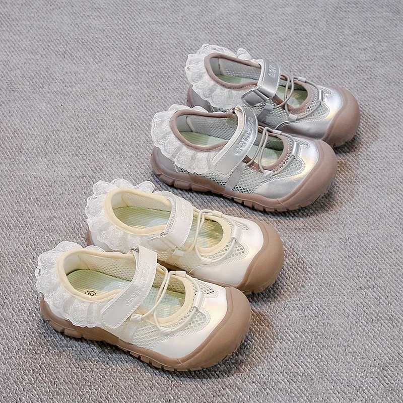 Girls Casual Shoes Lace Sweet Kids Princess Shoes Hook&loop Toes Capped 2025 New Children Flat Shoes Mesh Breathable Soft Sole