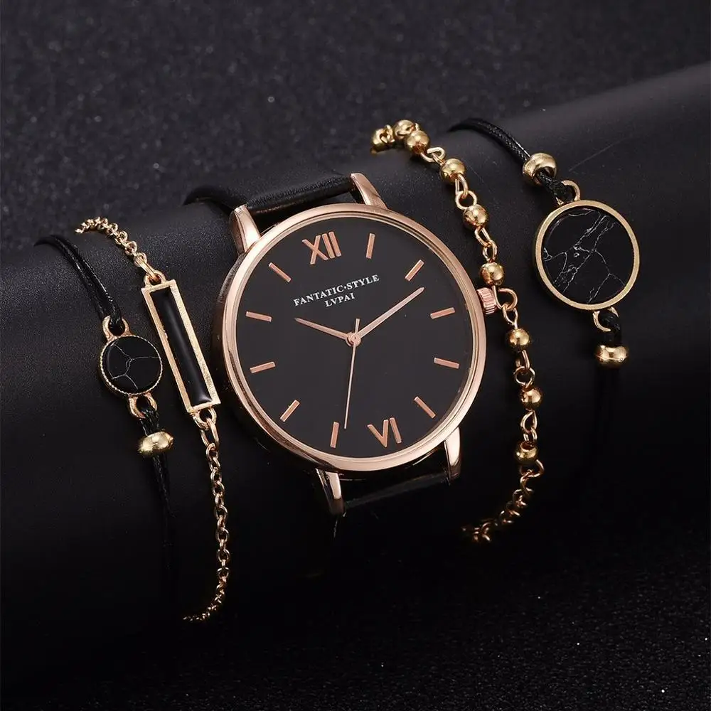 Reloj de pulsera de cuarzo analógico para mujer, con correa de cuero, negro, 5 uds., femenino