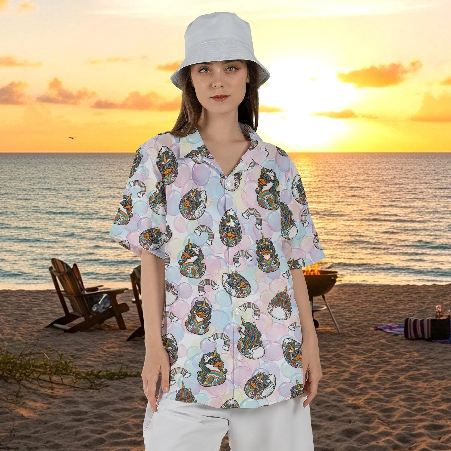 

Unicorn Rubber Duck Hawaiian Shirt Cute Pastel Magic Aloha Button Down Whimsical Rainbow Bubble Top Unisex Festival Gift