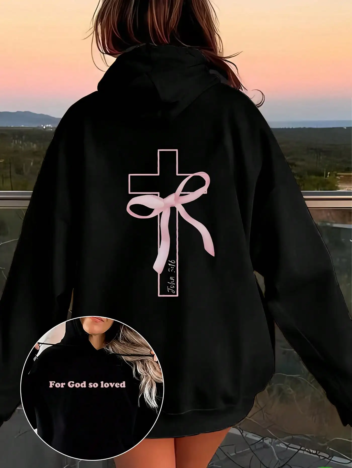 

Женская черная толстовка с розовым крестом и бантом на спине, повседневная толстовка в стиле Faith-Inspired