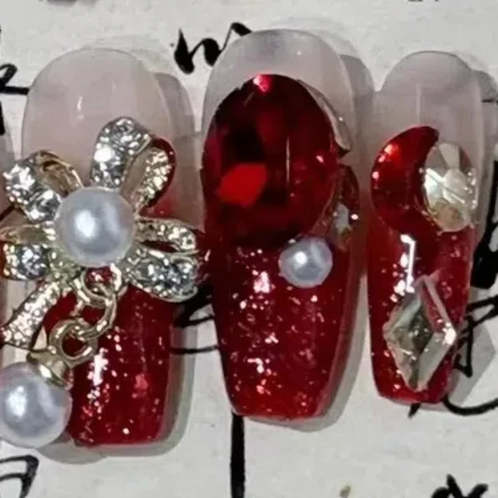 Guias de cola para unhas, remendos de unhas falsas de luxo, amor, coração, pérola 3d, unhas falsas destacáveis, adesivos de unhas vermelhos festivos