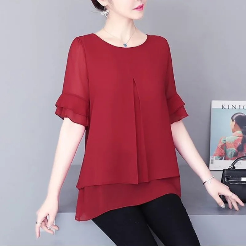 Sommer Frauen neue Pullover Rundhals Patchwork einfarbig Falten Rüschen helle Linie Dekoration lässig kurz ärmel ige Tops