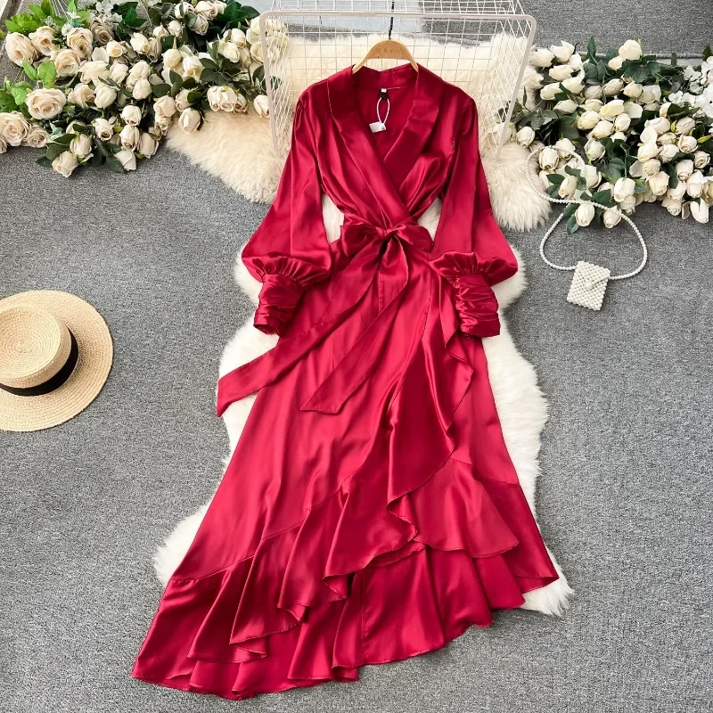 OCEANLOVE abiti lunghi irregolari Solid Office Lady Ruffles elegante primavera autunno abiti Mujer Fashion Simple Women Dress