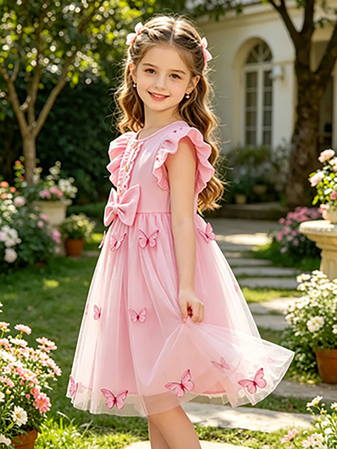 Girls' Pink 3D Butterfly Princess Dress, Summer Flutter Sleeve Tulle Dress with Bows