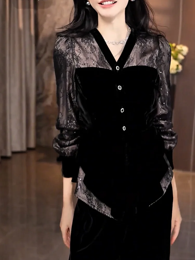 

Новый осенний кардиган из вельвета с лоскутным узором 2025 года, больших размеров, приталенный, универсальный топ во французском стиле, длинный рукав, V-образный вырез