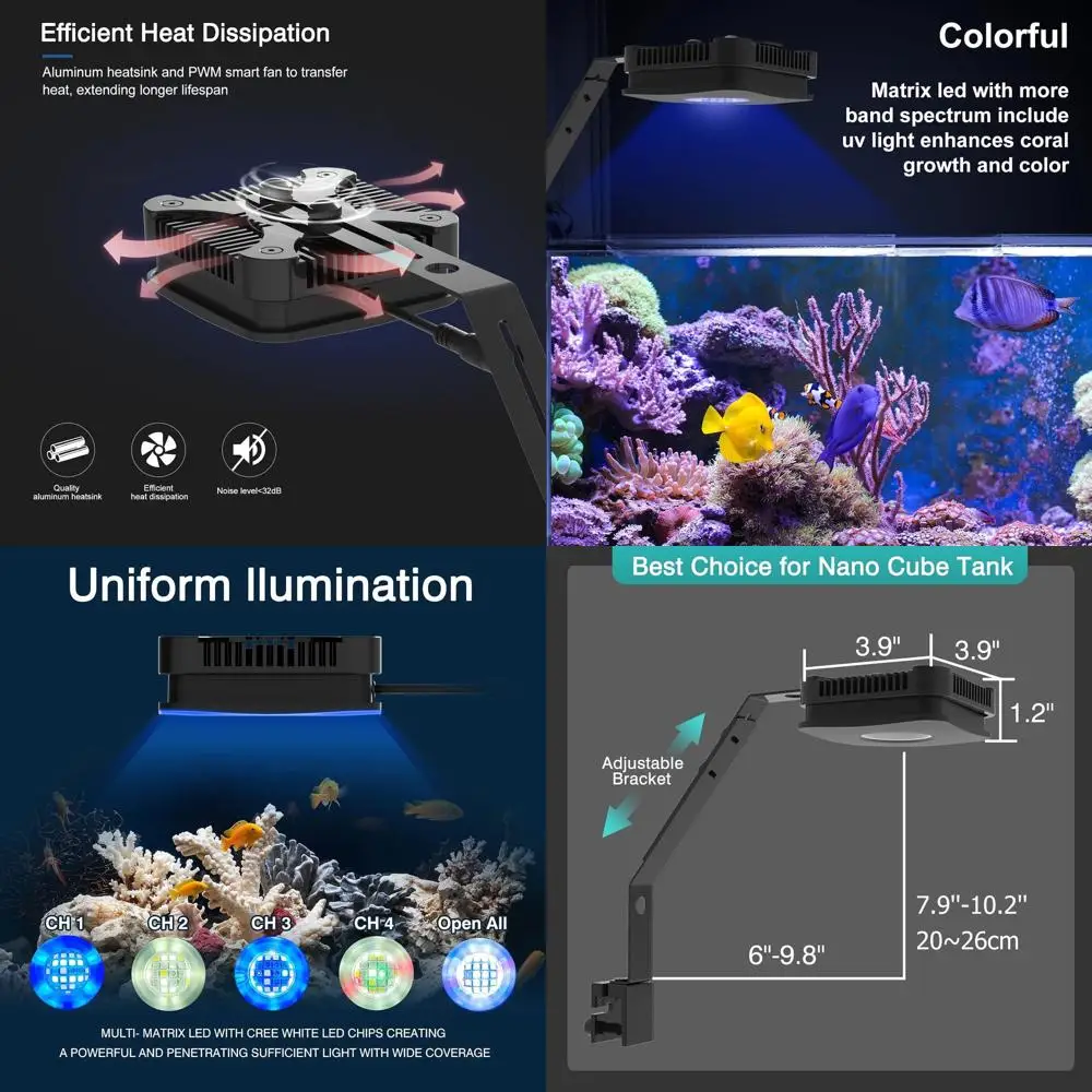 

30W Dimmable Saltwater Aquarium Light with Remote Control, Full Spectrum for Coral Tanks