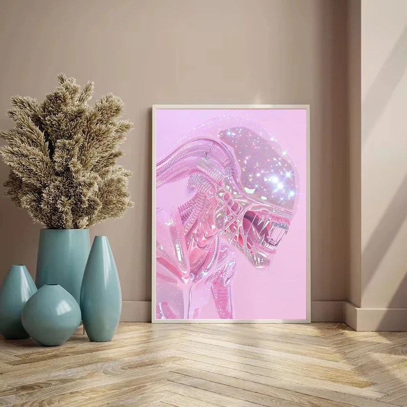 Glittering Pink Alien Sci-Fi Futuristic Iridescent Fantasy Creature Poster Canvas Painting Wall Pictures Home Bedroom Decor