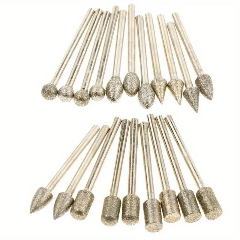 20pcs Diamond Grinding Heads Mini Bit For Rotary Drill Tool Burrs Grinding Accessories 3mm Shank Tools Kit Abrasive Tool