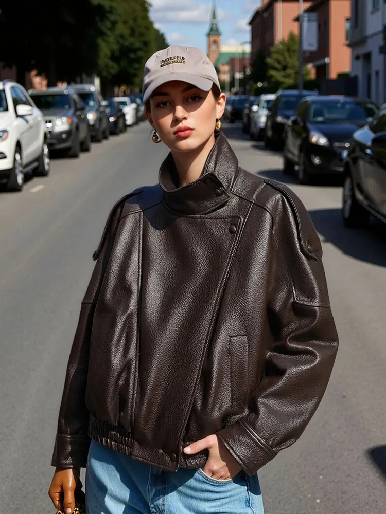 

HH Autumn Women Fashion Turtleneck Faux Leather Jacket Vintage Long Sleeve Zipper Motorcycle Jackets Female Streetwear Chic Coat