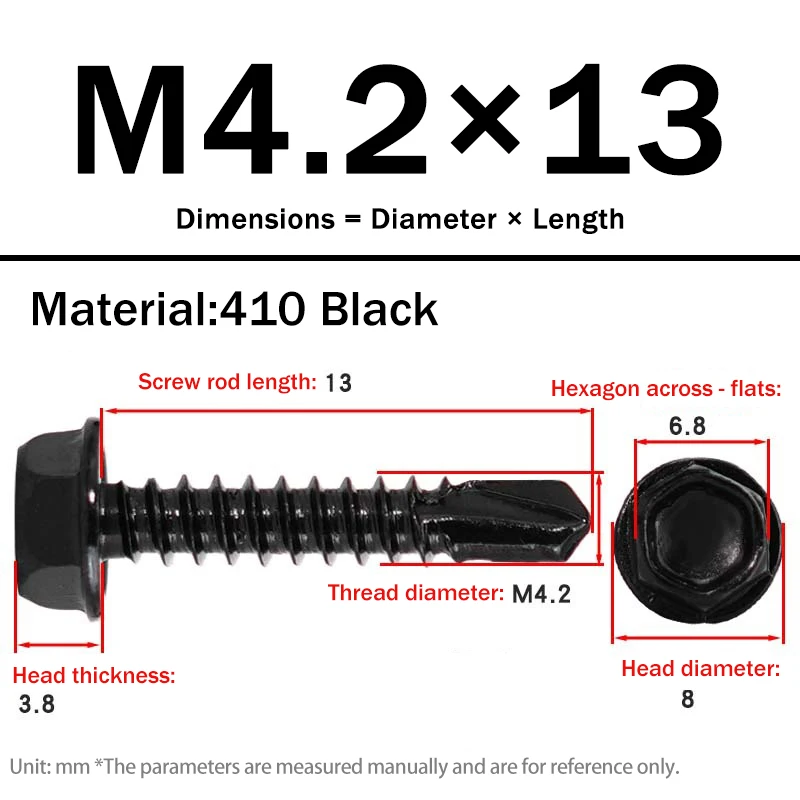 410 براغي ذاتية الحفر من الفولاذ المقاوم للصدأ برأس سداسي - براغي تيك سوداء مقاومة للصدأ للصفائح المعدنية والسياج والتسقيف #6