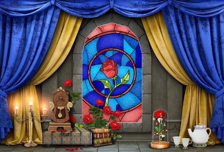 Disney Beauty and The Beast Princess Belle Backdrop Kids Birthday Party Background Golden Rose Photography Banner Decor Props