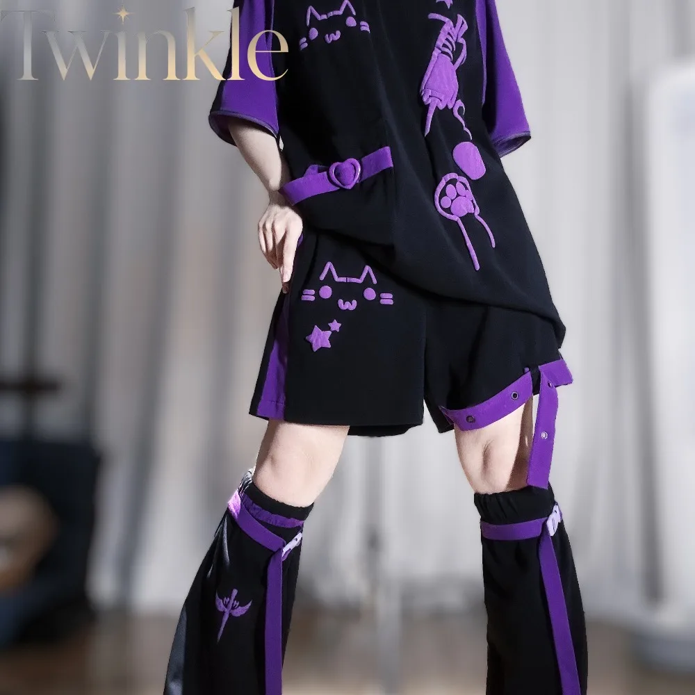Anime Fashion Cat Print T Shirt Women Y2K Medical Theme Detachable Sleeves Japanese Streetwear Two Piece Outfit