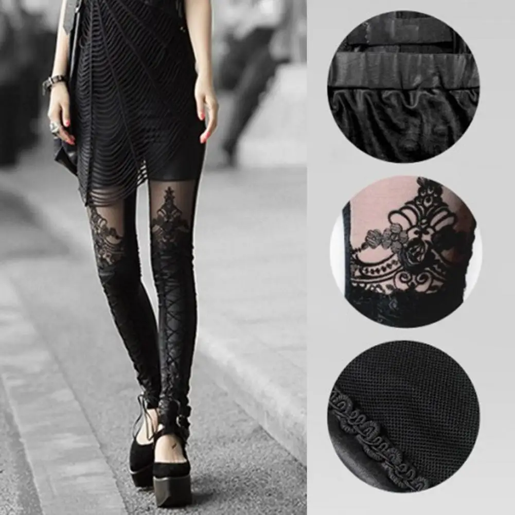 Sexy Women Faux Leather Pants Mid-Rise Elastic Waist Gothic Punk Embroidery Lace Stitching Cross Bandage Skinny Long Leggings