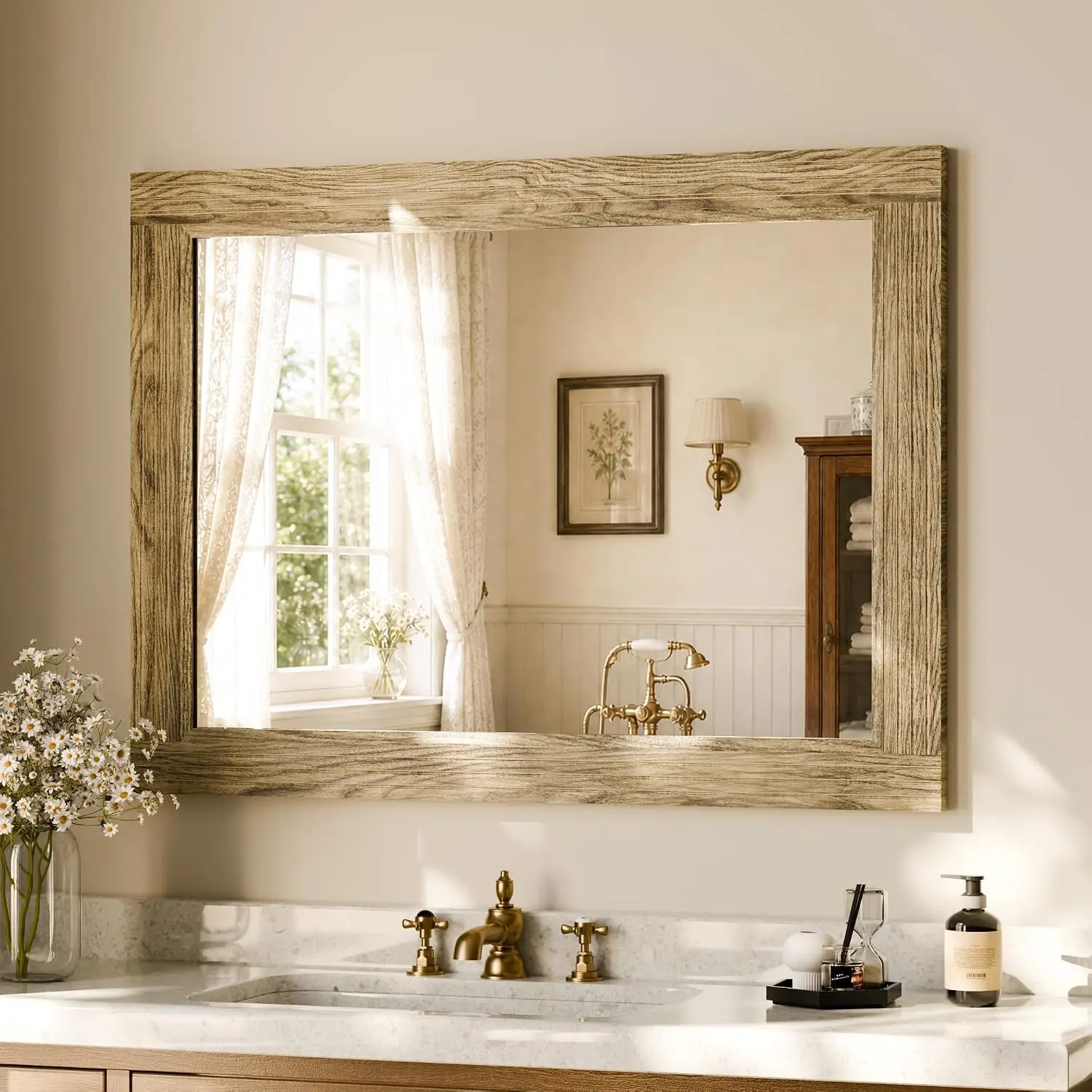 Rectangular Wall Mirror 30 X 40 Solid Wood Frame Bathroom Brown Farmhouse Vintage Vanity Mirror Vertical Horizontal Hanging Bath