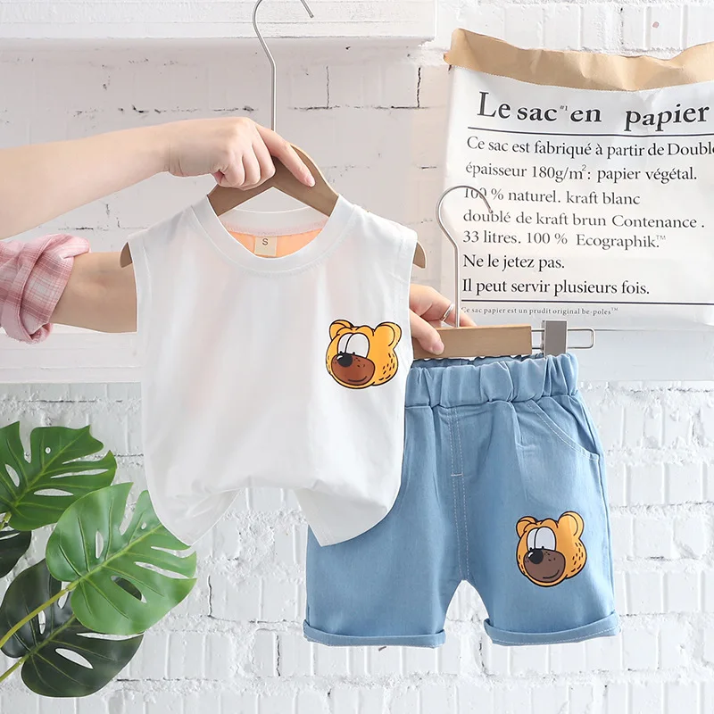 Boys Summer Children Vest Set New Boys Clothes Baby Cartoon Bear Sleeveless T-shirts Shorts 2pcs Casual Sport Sets