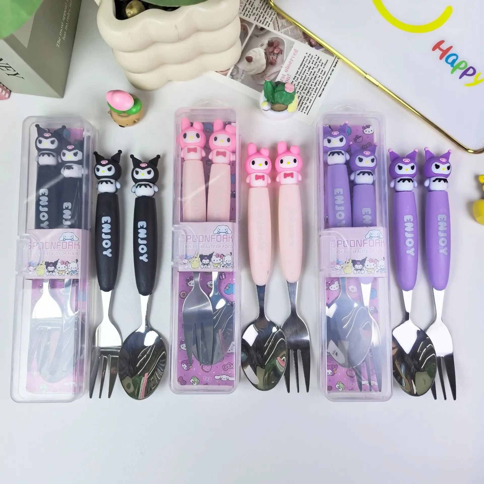 

Kawaii Kuromi аниме-ложка плюс вилка. экологически чистый материал. милая бытовая посуда для детей.