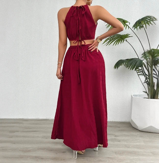 Women's Solid Color Sexy Pure Desire Strapless Short Top High Waist Split Design Half Skirt Fashionable Casual Long Skirt Set