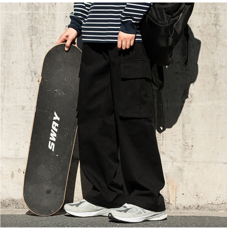 

Men's American style high street multi pocket straight leg workwear pants, men's Instagram loose street wide leg casual pants