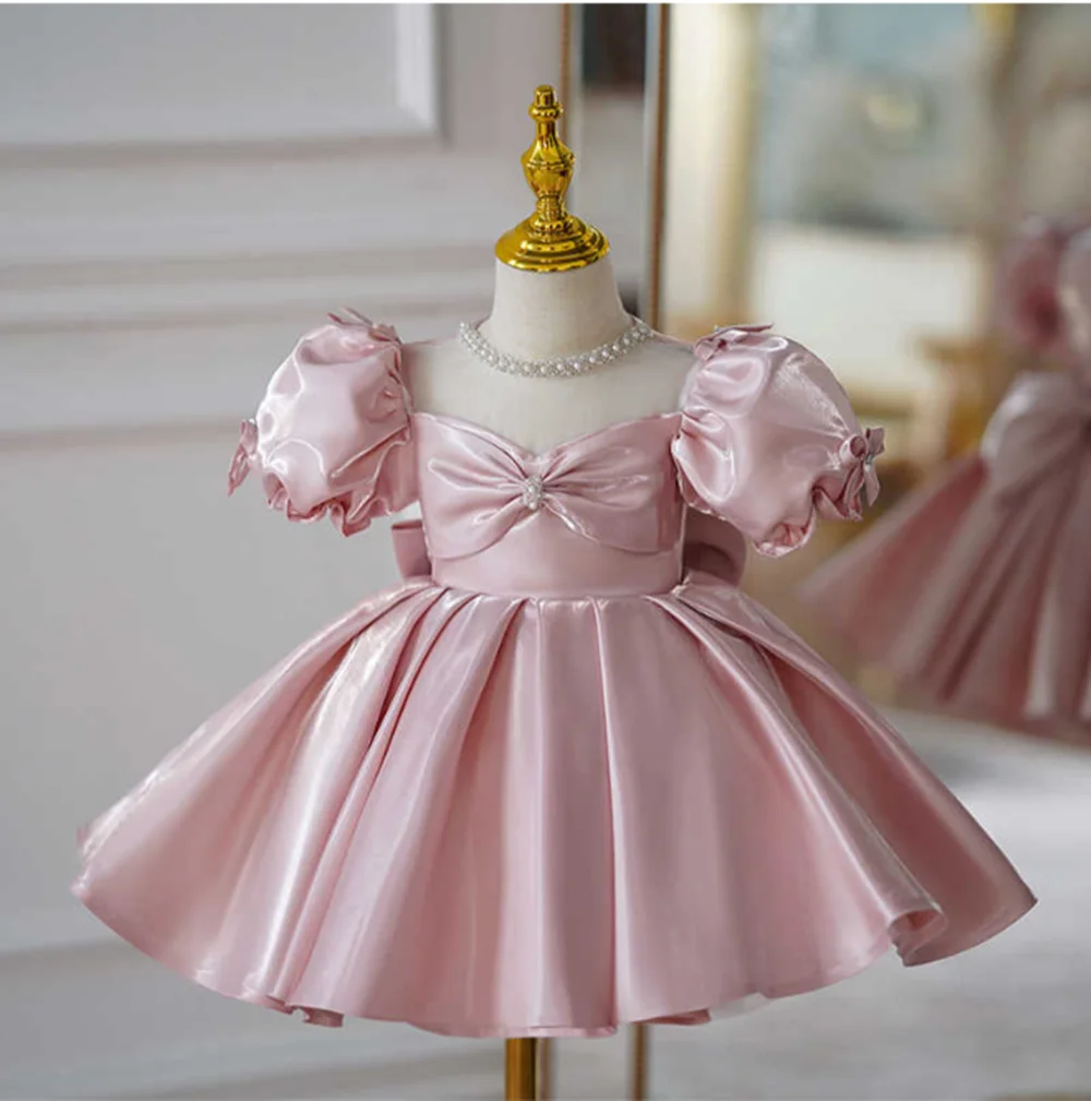 

Sunnypetal Elegant Pink Puff Sleeves Satin Flower Girl Dresses