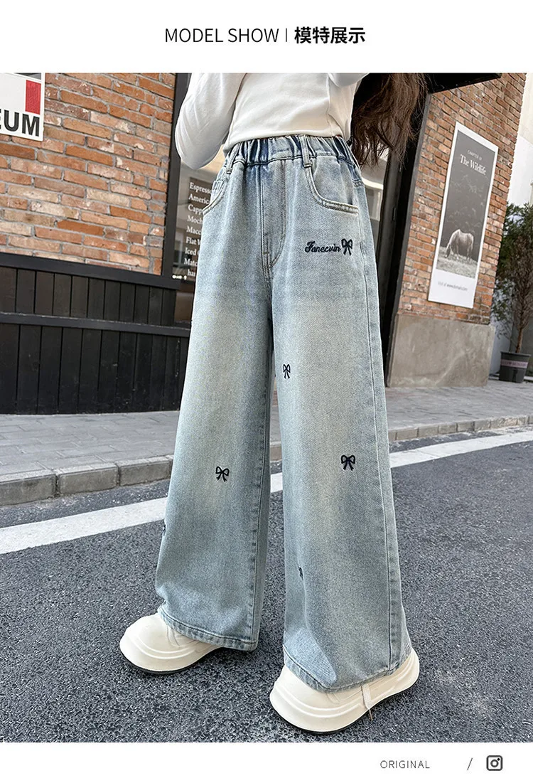 5-14 Jahre Frühling Herbst Mädchen-Jeans, modische Retro- und Vintage-Hose mit fünfzackigem Sternmuster und Stickerei, weit geschnittene Hose für Teenager-Mädchen – Detail 28