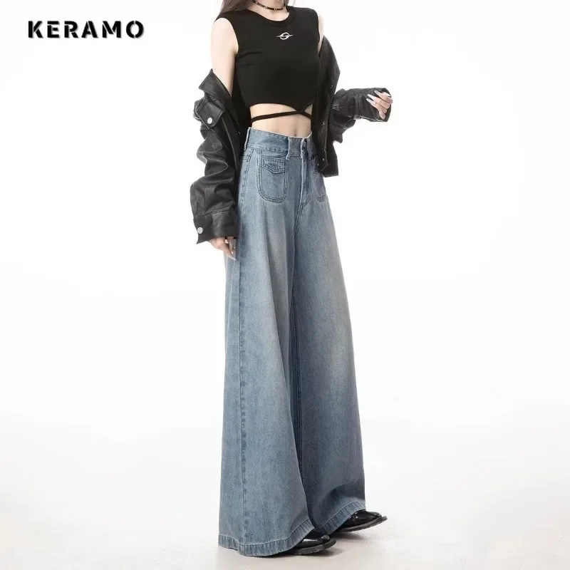 Y2K Wide Leg Blue High Street Washed Denim Trouser American Vintage High Waist Jeans Women's Casual 2000s Straight Emo Pants