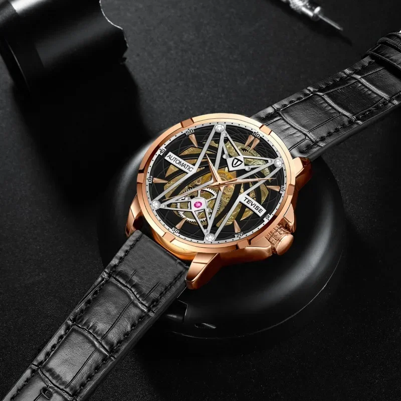 Men Business Hollow Tourbillon Automatic Mechanical Watch Man Leather Leisure Waterproof Sports Watch