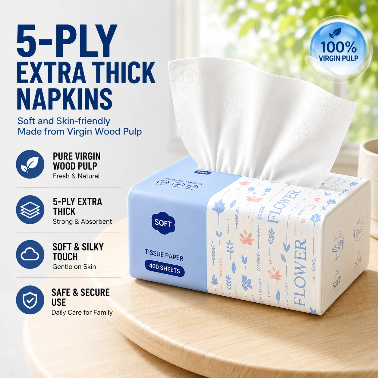 Tissue Paper 5-ply Extra Thick Napkins Made From Virgin Wood Pulp Soft and Skin-friendly for Home, Office, Dormitory, Student