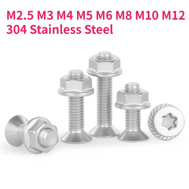 M2.5 M3 M4 M5 M6 M8 M10 M12 304 Stainless Steel Six-Lobe Torx Flat Countersunk Head Screw Bolt And Serrated Flange Nut Set