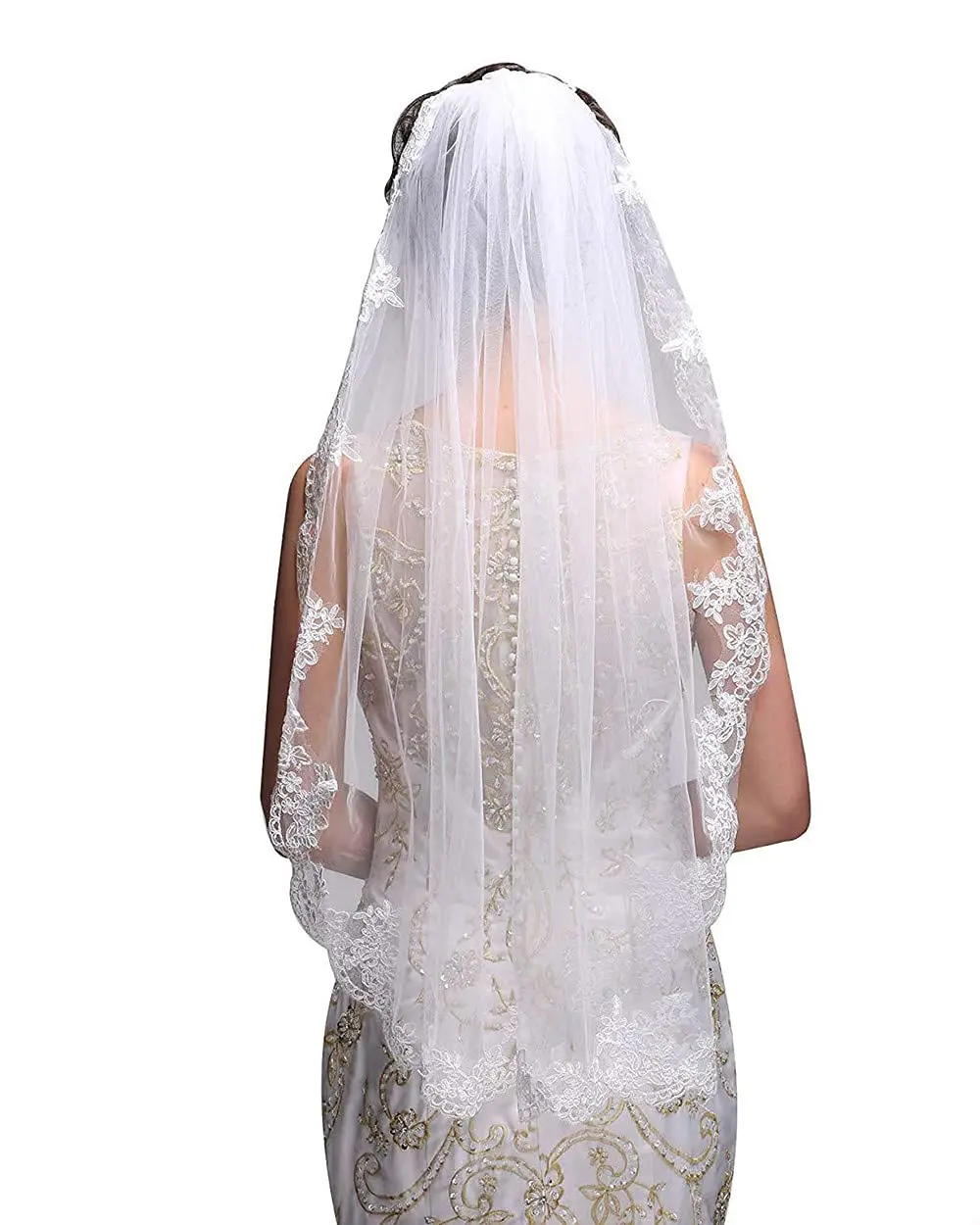 

Wedding Bridal Veils 1 Tier Lace Flower Edge Tulle Elbow Fingertip Length Veil with 2024