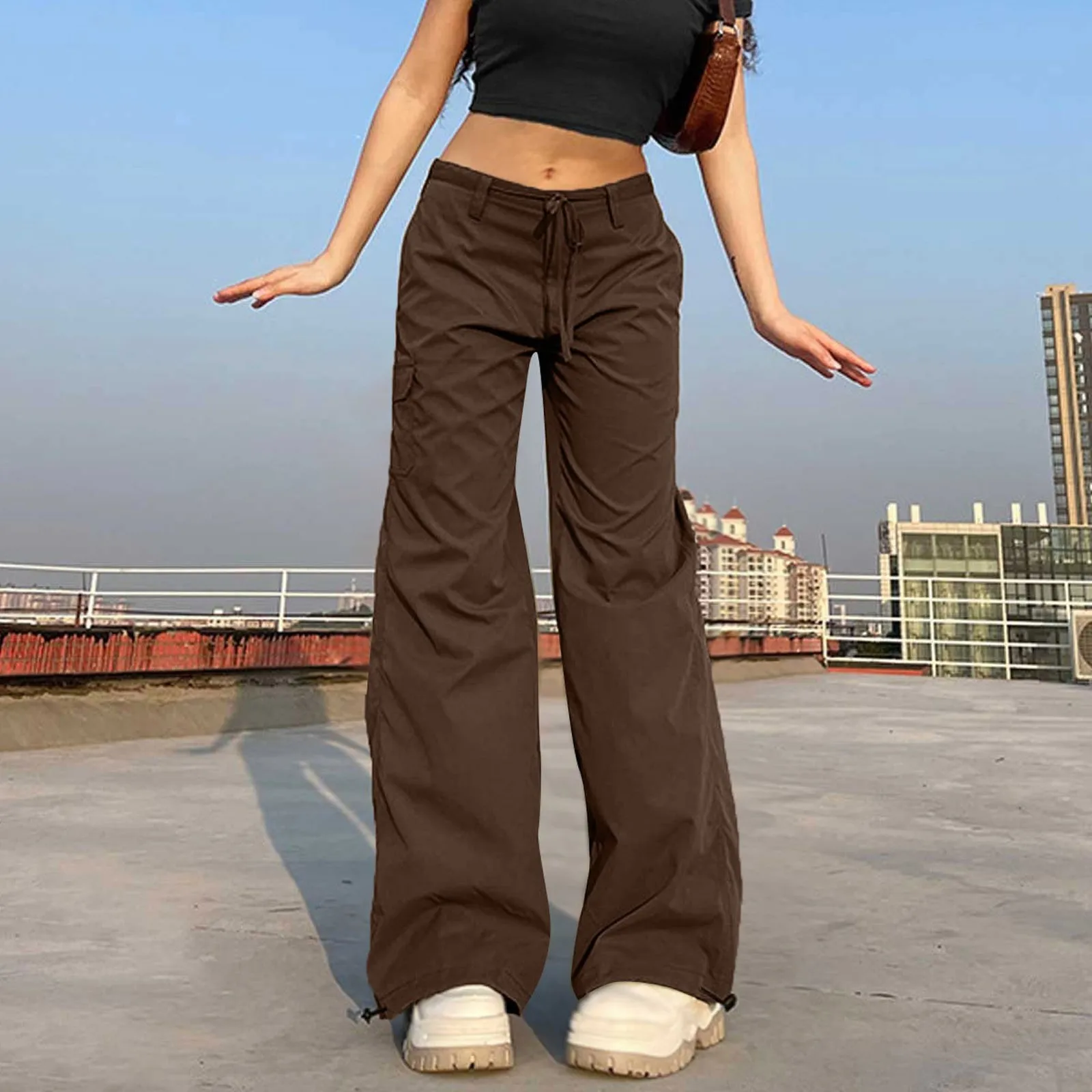 

Low Waist Y2k Pants Straight Wide Leg Trousers Women Cargo Pants Streetwear Vintage 90s Sweatpants Solid Drawstring Baggy Jeans