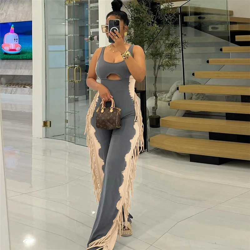 

Women Jumpsuit Print One Piece Sleeveless Tassels Spliced Romper O Neck Casual Straight Pants Overalls Lady Autumn 2025