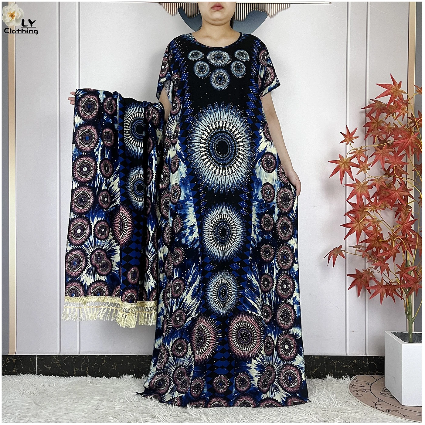 

Новое африканское хлопковое платье Абая с большим шарфом, летнее свободное платье Boubou Maxi, женская исламская одежда с короткими рукавами и бриллиантами с цветочным принтом