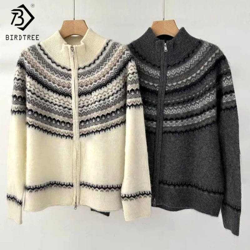 

Birdtree,100% Pure Wool Knitted Warmth Cardigan,Woman Jacquard Soft Tops With Zipper,Mock Neck,2025 Autumn Winter Coat T5D113JF
