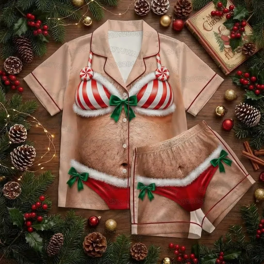 Conjunto de pijama de Papá Noel con vientre hinchado y pelo sintético 3D para hombre y mujer, divertido pijama de Papá Noel con vientre gordo, regalo de pijama de Navidad feo, lindo conjunto de pijama 3D para las fiestas